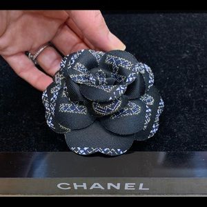 CHANEL Black Camellia Flower Brooch with Gold & Blue Stitching